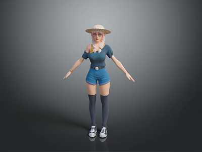 Woman Wearing Straw Hat Blue Top Shorts Long Socks And Sneakers 3d model