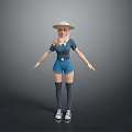 Woman Wearing Straw Hat Blue Top Shorts Long Socks And Sneakers