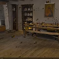 Vintage Room Interior With Wooden Floor Long Table Chairs Shelf Plates And Painting On Wall