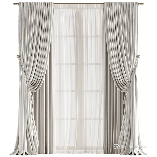 Elegant Striped Curtains With Sheer Inner Layer And Gold Tiebacks For Windows 3d model 