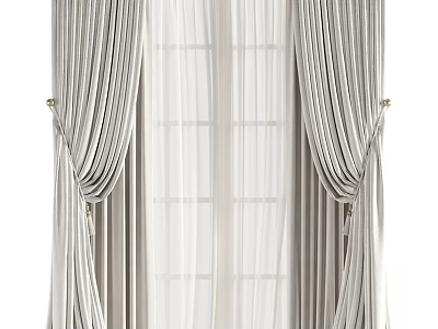 Elegant Striped Curtains With Sheer Inner Layer And Gold Tiebacks For Windows 3d model