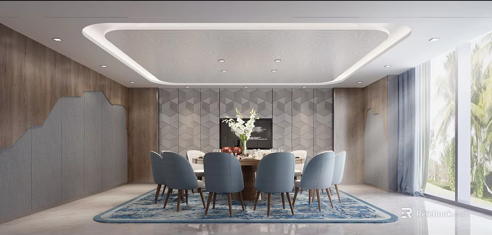 Modern Private Dining Room Interior With Round Dining Table Blue Chairs Geometric Wall And Patterned Rug 3d model