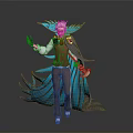 Man With White Hair Red Vest And Blue Cape Holding Staff In Stylish Outfit