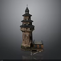 Red Brick Lighthouse Architecture With Multiple Stories Spire And Adjacent Small House