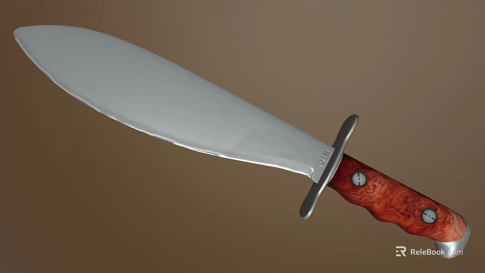 Tactical Combat Weapon Knife with Sharp Silver Blade and Red Wooden Handle 3d model 