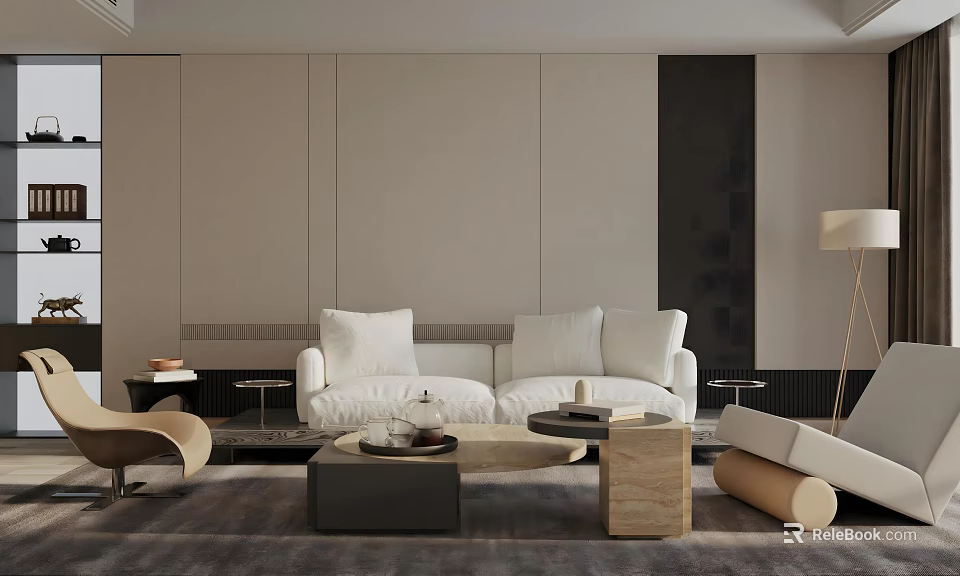 Modern Minimalist Living Room Interior With Beige Sofa Wooden Coffee Table And Floor Lamp 3d model 