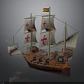 Wooden Sailing Ship Model With Red Cross Sails And Decorative Flag