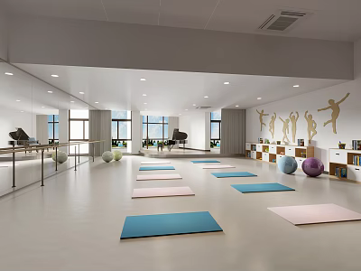 School Fitness Studio Featuring Bright Interior Colorful Yoga Mats Exercise Balls Dance Silhouettes And Trophies 3d model