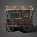 Classic Wooden Covered Wagon with Green Storage Cabinets Wooden Barrel and Wooden Wheels