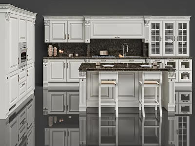 Modern White Kitchen Cabinets With Marble Island Counter Glass Doors And Bar Stools 3d model
