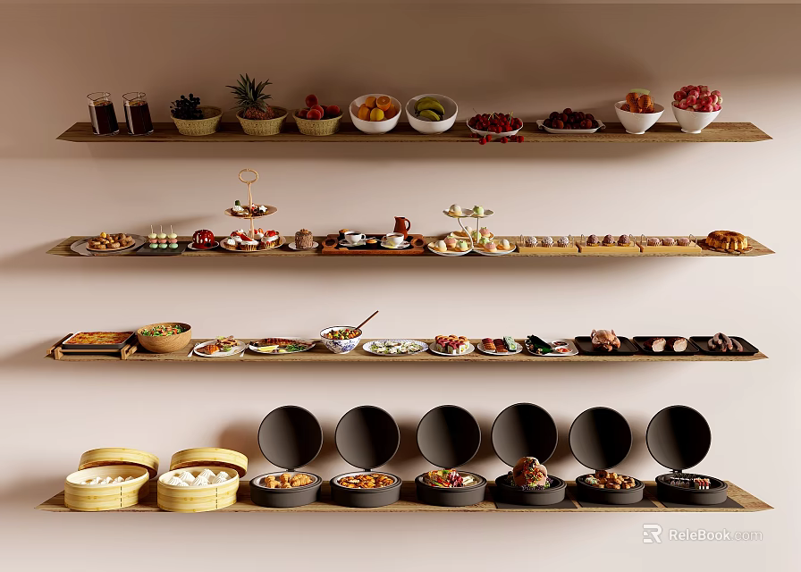 Various Foods Displayed On Wooden Shelves With Fruits Pastries And Steamed Dishes 3d model 
