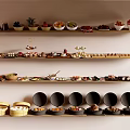 Various Foods Displayed On Wooden Shelves With Fruits Pastries And Steamed Dishes