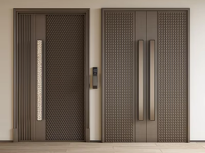Dark Brown Double Doors With Perforated Grid Design Metal Handles And Access Control Device 3d model