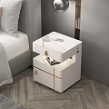 Modern White Nightstand With Gold Accents And Bedside Pendant Lights In Bedroom