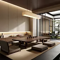 Modern Tea Room Interior With Wooden Table Floor Cushions And Garden View From Large Windows