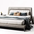 Modern Gray Double Bed With Upholstered Headboard Striped Bedding Pillows And Nightstands 3d model