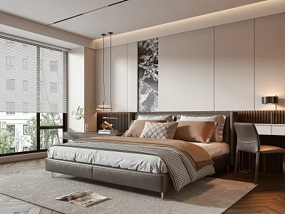 Modern Bedroom Interior With Gray Brown Bedding Large Window Blinds Decorative Wall Art And Rug 3d model