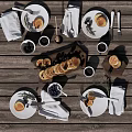 Breakfast Food Spread With Pancakes Blueberries Honey Coffee And Utensils On Wooden Table