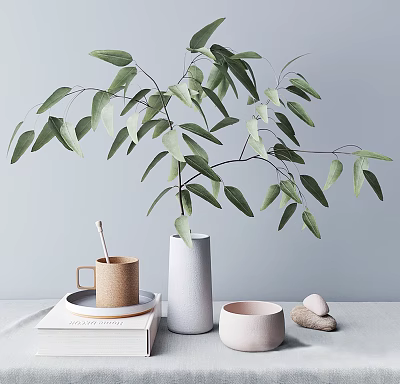 White Vase With Green Leaves On Table With Ceramic Cup And Stones 3d model