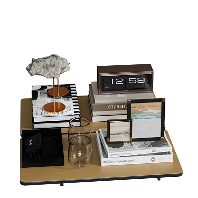 Decorative Ornament Set Including Crystal Rock Digital Clock Photo Frames Stacked Books And Glass Cup 3d model