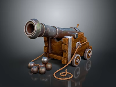 Antique Cannon With Wooden Carriage Metal Barrel Cannonballs Rope And Wheels On 3d model
