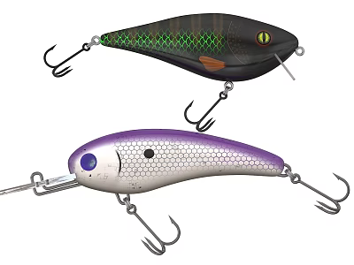 Two Colored Fishing Lures With Honeycomb Pattern Shiny Surface And Realistic Eyes 3d model