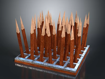 Wooden Spikes With Pointed Tops Neatly Arranged On Square Grid Base Structure 3d model
