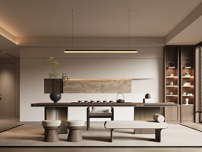 Modern Tea Room Interior Featuring Wooden Table Stools Bench Plant And Tea Sets 3d model