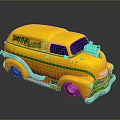 Yellow Vintage Van With JIMMY'S Lettering Green Stripes Purple Windows And Silver Exhaust Pipe