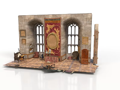 Gothic Style Building Interior With Arched Windows Tapestry Wooden Furniture And Stone Walls 3d model