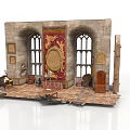 Gothic Style Building Interior With Arched Windows Tapestry Wooden Furniture And Stone Walls