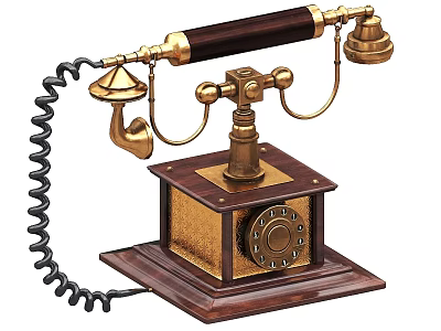 Vintage Daily Use Electrical Appliance Classic Telephone With Wooden Base And Brass Rotary Dial 3d model