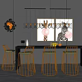 Modern Bar Counter With Metal Stools Decorative Paintings And Hanging Chandelier On Black Wall
