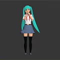 3D Anime Character With Turquoise Long Hair Red Bow Tie And Blue Skirt