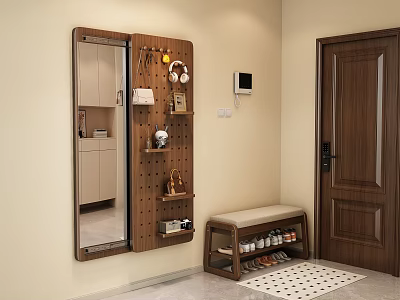 Wooden Entryway Shoe Bench With Cushioned Seat Wall Mirror Hooks And Shoes 3d model