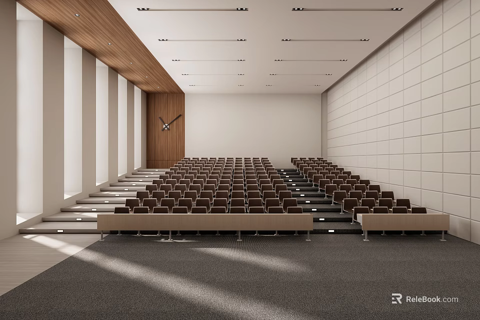 Spacious Conference Room With Stadium Style Seating Wooden Ceiling White Tiled Walls And Large Windows 3d model 