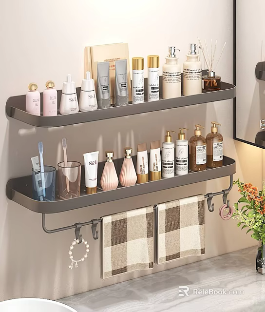 Bathroom Accessories Organized On Wall Mounted Shelves With Towel Hooks And Storage 3d model 