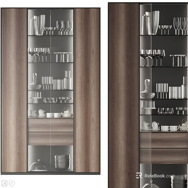 Modern Wooden Wine Cabinet With Glass Doors And Wine Glass Storage Shelves 3d model 