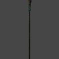 Green Metallic Scythe Weapon With Decorative Carvings And Long Handle
