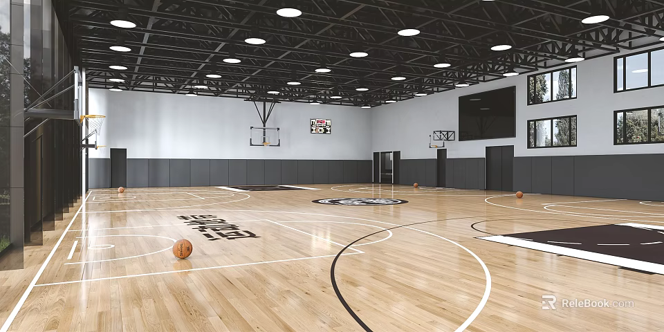 Indoor Basketball Court With Wooden Floor Basketball Hoops Ceiling Lights And Court Markings 3d model 
