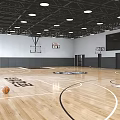 Indoor Basketball Court With Wooden Floor Basketball Hoops Ceiling Lights And Court Markings