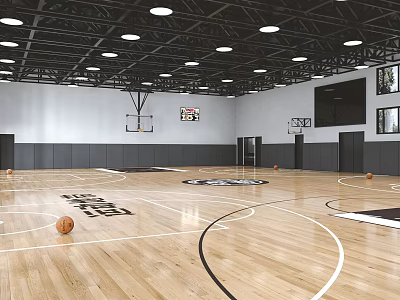 Indoor Basketball Court With Wooden Floor Basketball Hoops Ceiling Lights And Court Markings 3d model