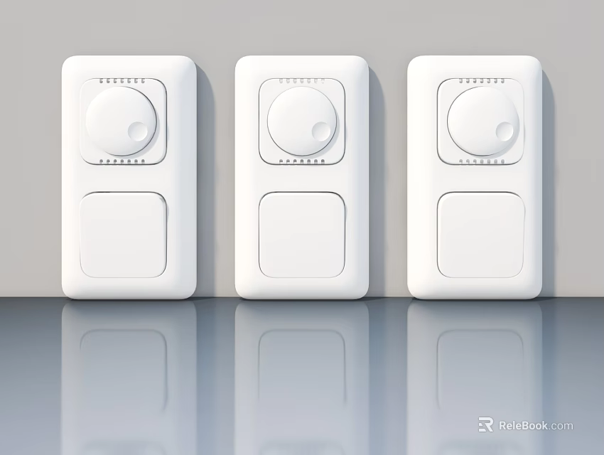 Three White Control Panels With Round Knobs Square Sections On Light Wall Reflective Floor Surface 3d model 