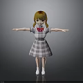 3D Character Yellow Hair Pigtails Plaid Dress Red Bow White Shoes Outstretched Arms Gray Background