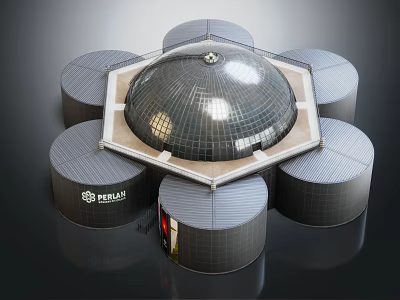 Cartoon Scene Of Dome Shaped Building With Surrounding Cylindrical Structures And VEMLIA Logo 3d model