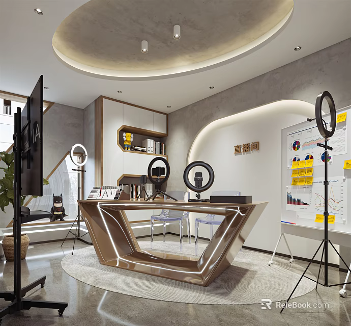 Contemporary Public Office Space Interior Design With Geometric Desk Ring Lights Whiteboard And Charts 3d model 