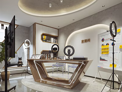 Contemporary Public Office Space Interior Design With Geometric Desk Ring Lights Whiteboard And Charts 3d model