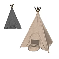 Gray and Beige Teepee Tents With Wooden Poles And Cushioned Bases For Indoor Use