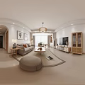 Natural Wood Tone Open Plan Living And Dining Room With Cozy Furniture And Soft Lighting