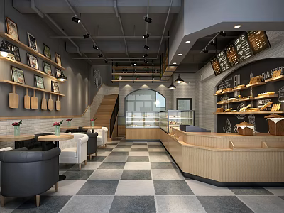 Modern Dessert Shop Interior With Wooden Shelves Glass Display Cases Checkerboard Floor And Cozy Seating 3d model